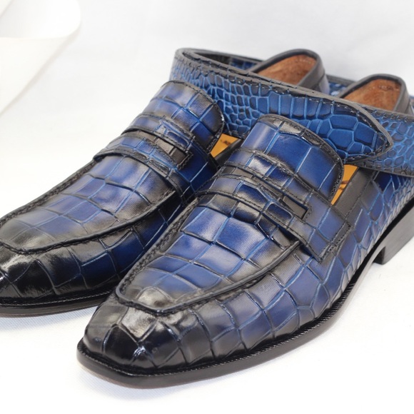 Men Premium Quality Handmade blue Alligator Print Leather Slip On Loafers Shoe main image 2